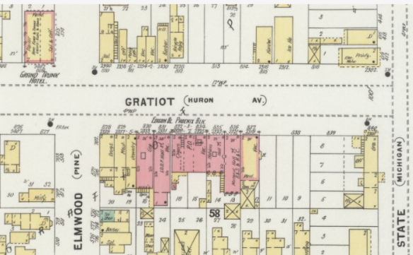 Gratiot, formerly Huron, at Elmwood, formerly Pine. Portion of 1898 Sanborn Fire Insurance map, page 17, Library of Congress.