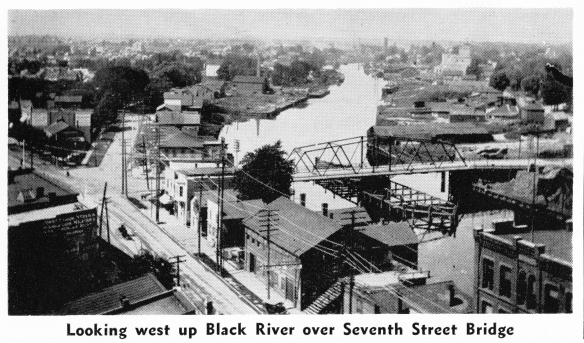 Bird's Eye View west along Black River, 7th St Bridge